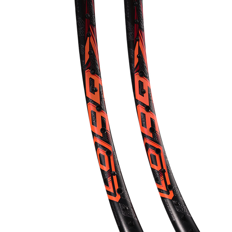 Orange and black decals of the OGKILS LD99 Badminton racket